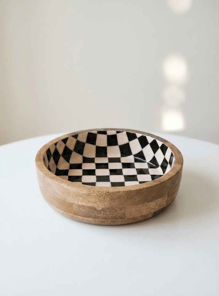 Bowl Decorativo Damero Natural_11zon Bowl decorativo blanco y negro con diseño damero